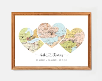 Map print met engaged married,Map 3 places Heart Print,Custom Location Map,Hello, Will You, I Do, christmas gift for couple map new marriage