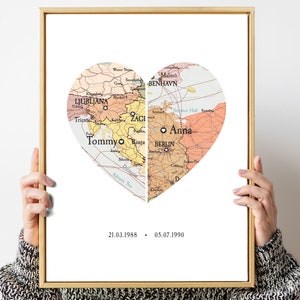 Karte 2 Orte Herz Print, einzigartiges Hochzeitsgeschenk, Hochzeitsgeschenk, personalisierte Karte Kunst, Geschenk für Paar, Geschenk für Familie, Weihnachtsgeschenk für Paar