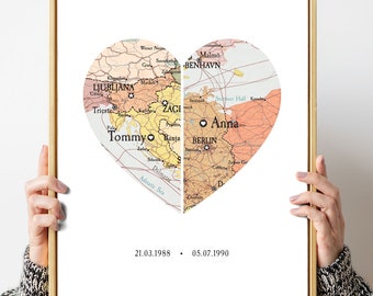 Personalized Map Heart Print, Two Location Wedding Anniversary Gift
