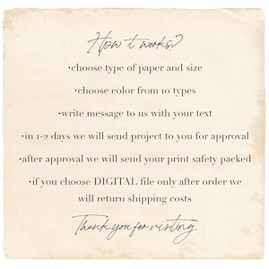 May include: How it works: choose type of paper and size, choose color from 10 types, write message with your text, in 1-2 days we will send project for approval, after approval we will send your print safety packed, if you choose DIGITAL file only after order we will return shipping costs. Thank you for visiting.