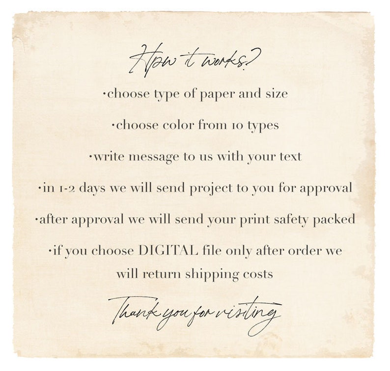 May include: How it works: choose type of paper and size, choose color from 10 types, write message with your text, in 1-2 days we will send project for approval, after approval we will send your print safety packed, if you choose DIGITAL file only after order we will return shipping costs. Thank you for visiting.