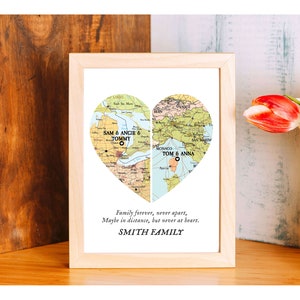 Family Together map print, Map 2 places family Heart Print,Custom Family Gift with names, gift for parents, Custom Map 2 family christmas zdjęcie 2