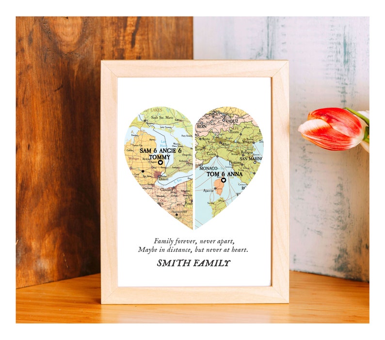 Family Together map print, Map 2 places family Heart Print,Custom Family Gift with names, gift for parents, Custom Map 2 family christmas zdjęcie 2