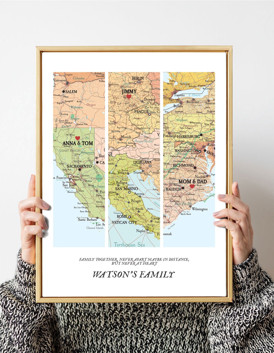 Family Map Print, Map 3 Places Print Family,custom Places Family,family ...