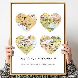 Landkarte Hochzeit Verlobung Zuhause, Karte 4 Orte Herz Druck, Custom Location Map Weihnachten, Karte Geschenk für Paare, Weihnachtsgeschenk für die Ehe