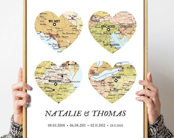 Map custom met wedding engaged home,Map 4 places Heart Print, Custom Location Map Christmas, Map gift for couple,Christmas gift for marriage