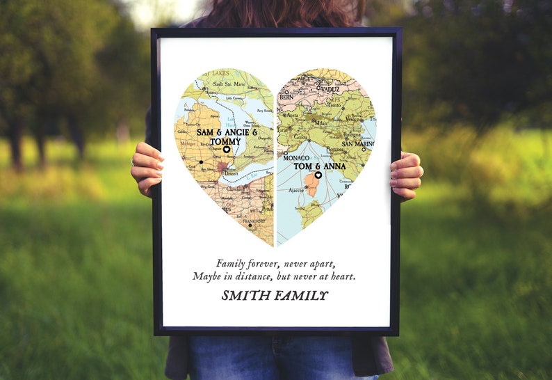 Family Together map print, Map 2 places family Heart Print,Custom Family Gift with names, gift for parents, Custom Map 2 family christmas zdjęcie 1