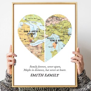 Family Together map print, Map 2 places family Heart Print,Custom Family Gift with names, gift for parents, Custom Map 2 family christmas zdjęcie 3
