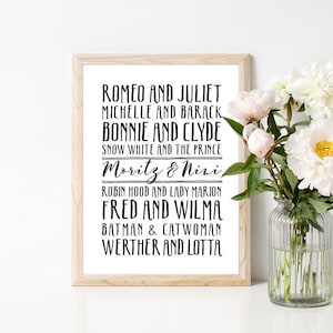 Poster-Berühmte Paare Print, personalisierter Liebesdruck, Individualisierbare Hochzeit, Jubiläumsgeschenk mit Namen, Benutzerdefinierte Namen, Hochzeitstagsgeschenk
