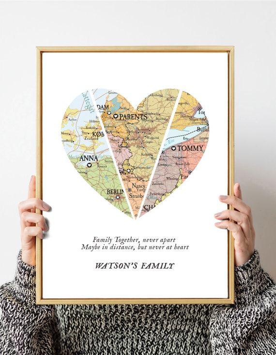 Family Together Map Print Map 3 places Heart Print Unique Etsy