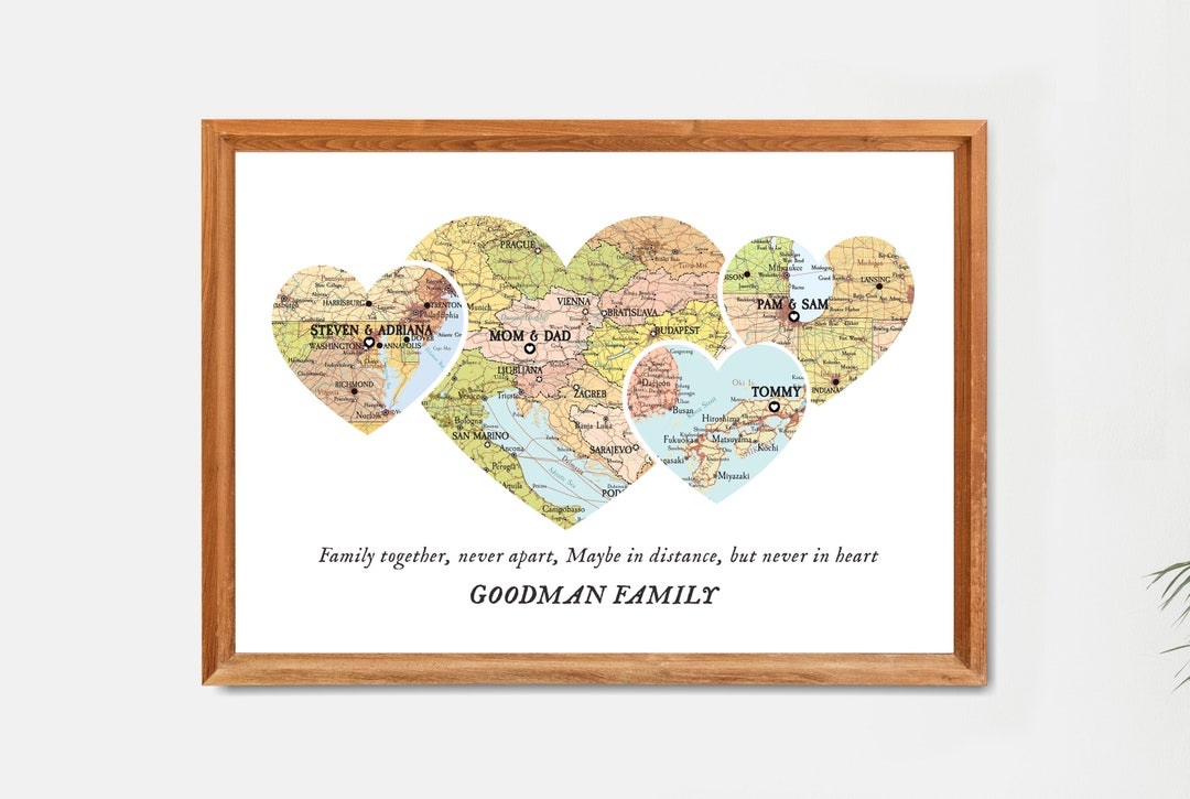 Personalized Family Map Print: 4 Locations, Custom Names , Your Text - Etsy