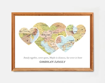 Family Map 4 places, family names family gift,long distance family map,  Christmas,custom gift map for parents, Christmas gift names family