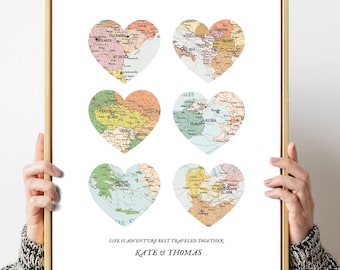 Map 6 Heart Print,Travel map,Unique Family Gift,Wedding Gift,Personalised Map Art,Gift for couple Art,Gift Family,travel map,christmas gift,