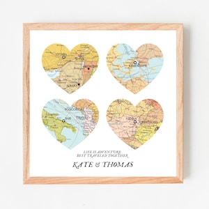 Karte 4 Orte Herz Print,Reisekarte,Hochzeitsgeschenk,Hochzeitsgeschenk,Personalisierte Karte Art,Geschenk für Paar Art,Geschenk für Familie,Geschenk für Eltern