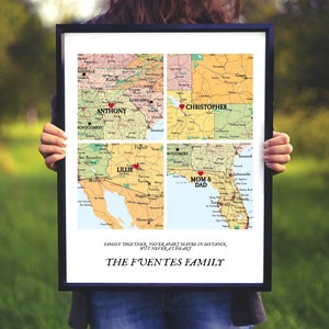 Impressão de mapa familiar unido, mapa com 4 lugares, impressão de coração, presente exclusivo para família, arte de mapa personalizada, presente para família, nova casa, presente de natal