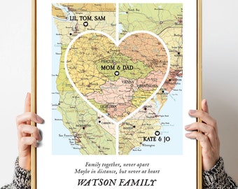 Map 3 Heart Print, Unique Family Gift, Wedding Gift,Personalized Map Art,Gift for couple Art,Gift for Family, New home,christmas gift