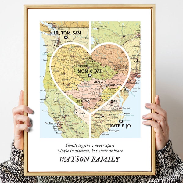 Map with 3 family places, christmas gift family,gift map family, Map 3 places family Print,Custom Family Gift,Custom Map Art,Gift for Family