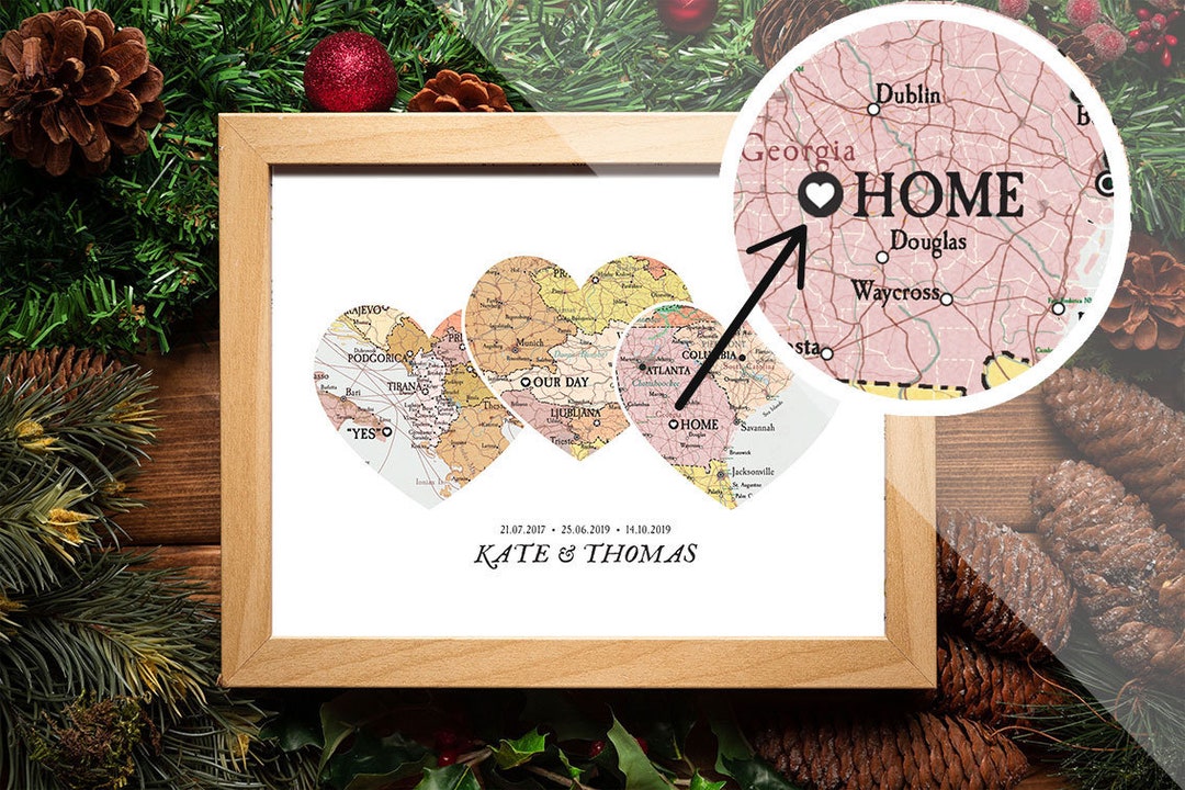 Custom Heart Map Custom Heart Map Print: 3 Locations, Names, Dates - Family Gift - Etsy