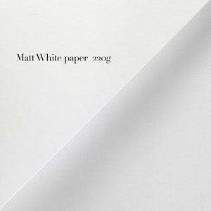 May include: Close-up of a white piece of paper with the text "Matt White paper 220g" printed on it.