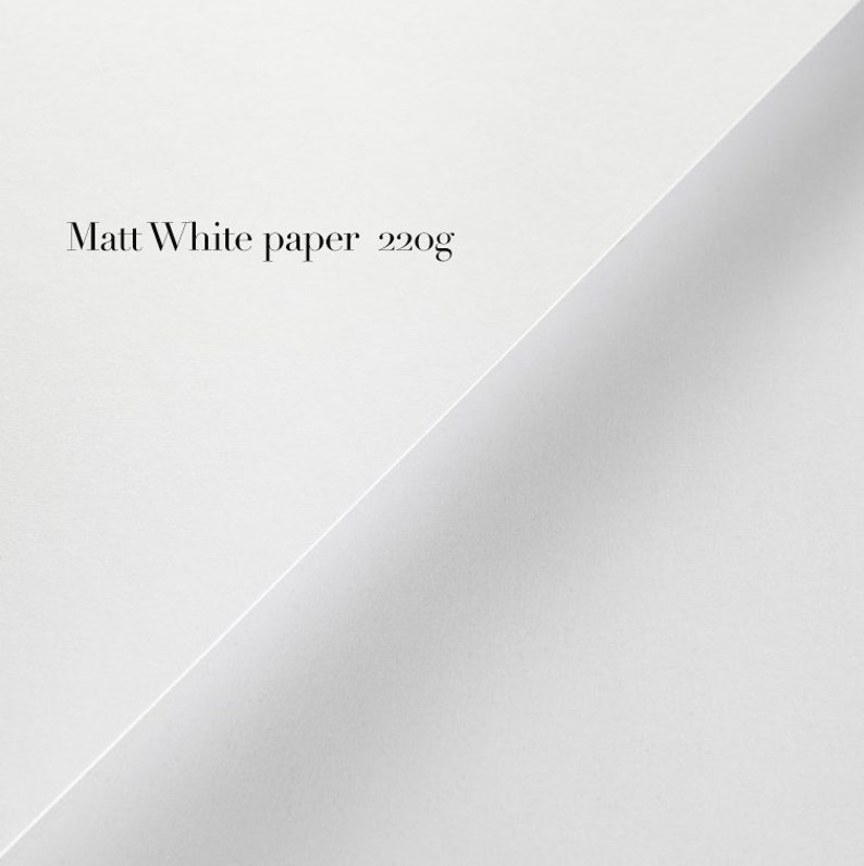 May include: Close-up of a white piece of paper with the text "Matt White paper 220g" printed on it.