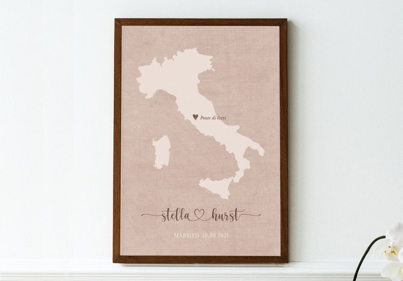 Custom Wedding Gift,Engagement Map Print,married map print,Italy Map Print,Wedding Gift,map for couple,rustic wedding map gift, Italy map zdjęcie 7