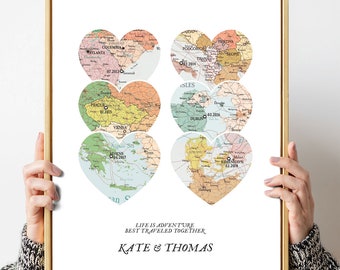 Map 6 Heart Print,Travel map,Unique anniversary Gift,Wedding Gift,Personalized Map Art,Gift for couple Art,gift for parents, christmas gift,