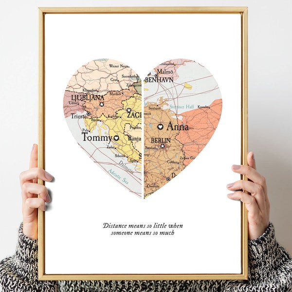 Map with 2 important places,Distance map couple,Birth 2 dates gift print,Custom map names dates,Christmas gift marriage,Friends map distance
