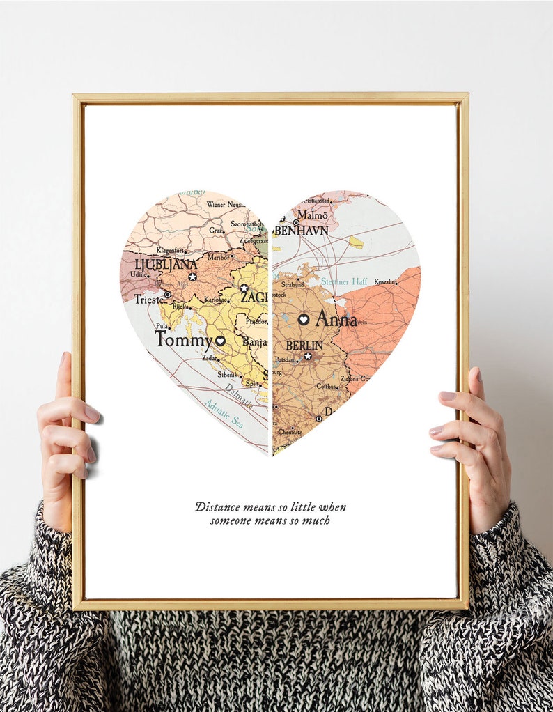 Map with 2 important places,Distance map couple,Birth 2 dates gift print,Custom map names dates,Christmas gift marriage,Friends map distance zdjęcie 1