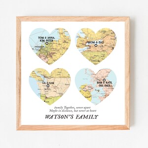 Family Map 4 places, family names family gift,Christmas gift places names,long distance family map, Christmas,custom gift map for parents zdjęcie 4