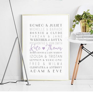 Poster-Berühmte Paare Print,HOCHZEIT,Personalisierte Liebe Druck,Personalisierbare Hochzeit,Junggesellinnengeschenk,Personalisierte Namen,HochzeitStag Geschenk