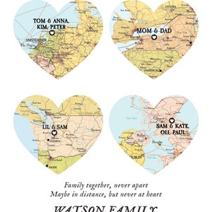 Family Map 4 places, family names family gift,Christmas gift places names,long distance family map, Christmas,custom gift map for parents zdjęcie 2