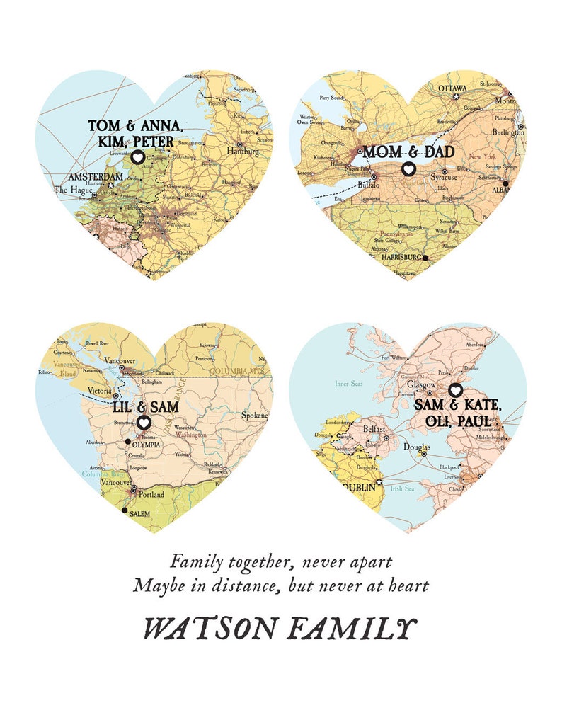 Family Map 4 places, family names family gift,Christmas gift places names,long distance family map, Christmas,custom gift map for parents zdjęcie 2