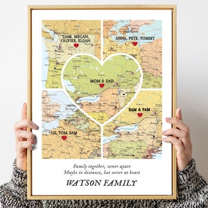 Carte cadeau de distance familiale, cadeau longue distance de famille de Noël, Carte 5 lieux Empreinte de cœur, Carte longue distance familiale, Noms de carte personnalisée,
