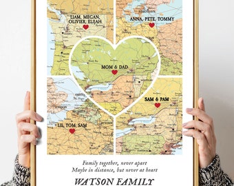 5 Family distance gift map, Christmas family long distance gift,Map 5 places Heart Print,Family long distance map, Custom Map names,