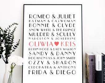 Poster-Famous Couples Print,WEDDING,Personalized Love Print, Customizable Wedding,bachelorette gift, Custom Names,Wedding Anniversary Gift