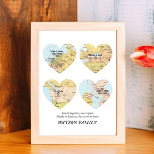 Family Map 4 places, family names family gift,Christmas gift places names,long distance family map, Christmas,custom gift map for parents zdjęcie 3