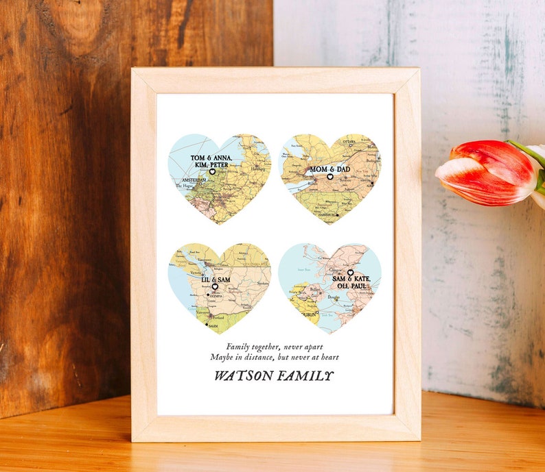Family Map 4 places, family names family gift,Christmas gift places names,long distance family map, Christmas,custom gift map for parents zdjęcie 3