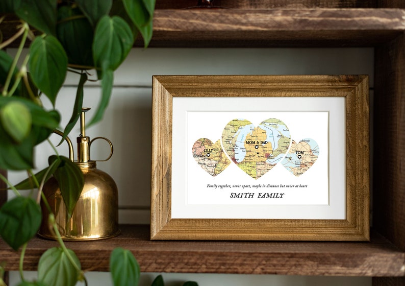 Family Together Map Print, Christmas Family Gift, Custom Map family, Christmas gift family distance map, Map 3 places family, Git for parents image 1