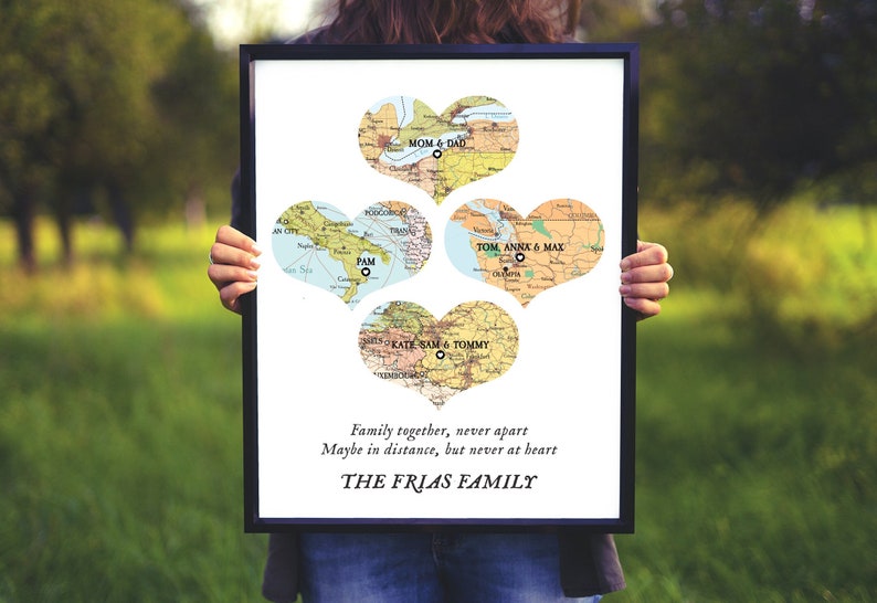 Family Map Print, names family gift Christmas,Christmas gift big family,Family map born,Map 4 places family, christmas gift for mom and dad, image 1