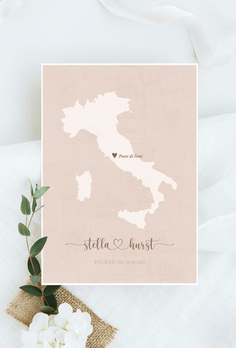 Custom Wedding Gift,Engagement Map Print,married map print,Italy Map Print,Wedding Gift,map for couple,rustic wedding map gift, Italy map zdjęcie 1