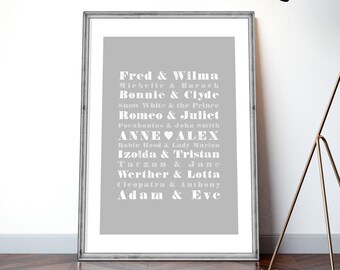 Poster-Famous Couples Print,WEDDING,Personalized Love Print, Customizable Wedding,bachelorette gift, Custom Names,Wedding Anniversary Gift