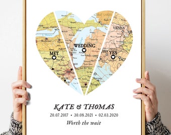 Aangepaste kaartprint voor stellen, gepersonaliseerd jubileumcadeau, 3 locaties