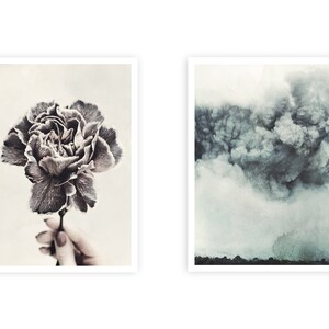 Peut inclure: Deux impressions encadr&eacute;es, l'une avec un gros plan d'une seule fleur de carnation grise, et l'autre avec une image de style aquarelle d'un ciel orageux avec des nuages gris fonc&eacute;.