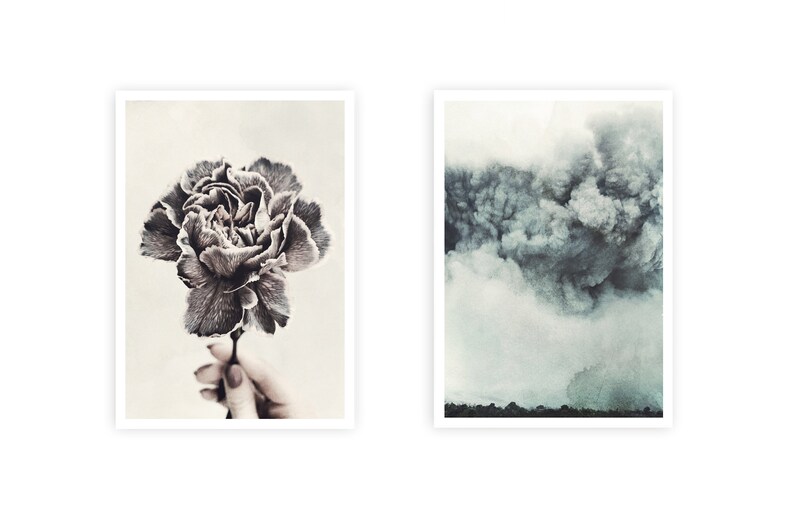 Peut inclure: Deux impressions encadr&eacute;es, l'une avec un gros plan d'une seule fleur de carnation grise, et l'autre avec une image de style aquarelle d'un ciel orageux avec des nuages gris fonc&eacute;.