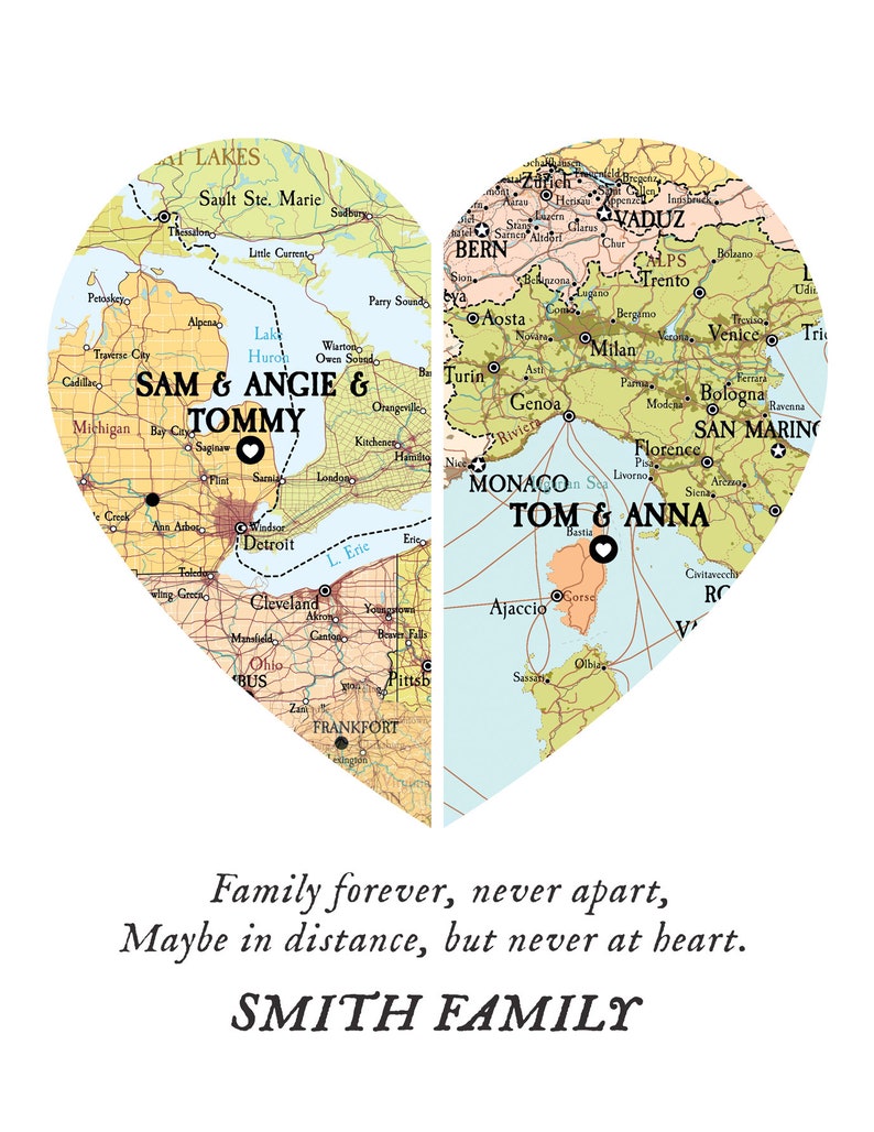 Family Together map print, Map 2 places family Heart Print,Custom Family Gift with names, gift for parents, Custom Map 2 family christmas zdjęcie 4