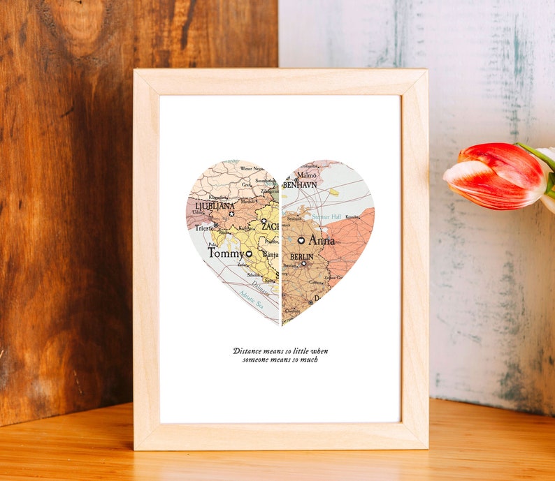 Map with 2 important places,Distance map couple,Birth 2 dates gift print,Custom map names dates,Christmas gift marriage,Friends map distance zdjęcie 2