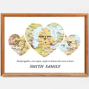 Family Together Map Print, Christmas Family Gift, Custom Map family, Christmas gift family distance map, Map 3 places family, Git for parents image 4