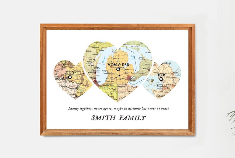 Family Together Map Print, Christmas Family Gift, Custom Map family, Christmas gift family distance map, Map 3 places family, Git for parents image 4