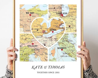 Custom Locations Map Print, Personalized Anniversary Gift, 5 map places