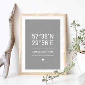 Peut inclure: Une impression encadrée avec un fond gris et du texte blanc. Le texte indique "57°38′N 29°56′E TOM SANDRA KATE ZUNAUSE IST DA WO WIR ZUSAMMEN SIND".